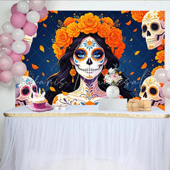 Lofaris Mexican Fiesta Day of the Dead Backdrop with Sugar Skull Woman Vibrant Marigold Flowers Background for Celebration Decor.