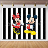 Lofaris Mickey and Minnie Mouse Backdrop for Birthday Party Black and White Stripe Background Disney Cartoon Theme Decor