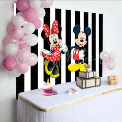 Lofaris Mickey and Minnie Mouse Backdrop for Birthday Party Black and White Stripe Background Disney Cartoon Theme Decor