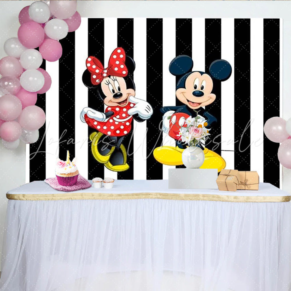 Lofaris Mickey and Minnie Mouse Backdrop for Birthday Party Black and White Stripe Background Disney Cartoon Theme Decor