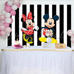 Lofaris Mickey and Minnie Mouse Backdrop for Birthday Party Black and White Stripe Background Disney Cartoon Theme Decor