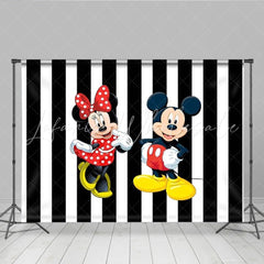 Lofaris Mickey and Minnie Mouse Backdrop for Birthday Party Black and White Stripe Background Disney Cartoon Theme Decor