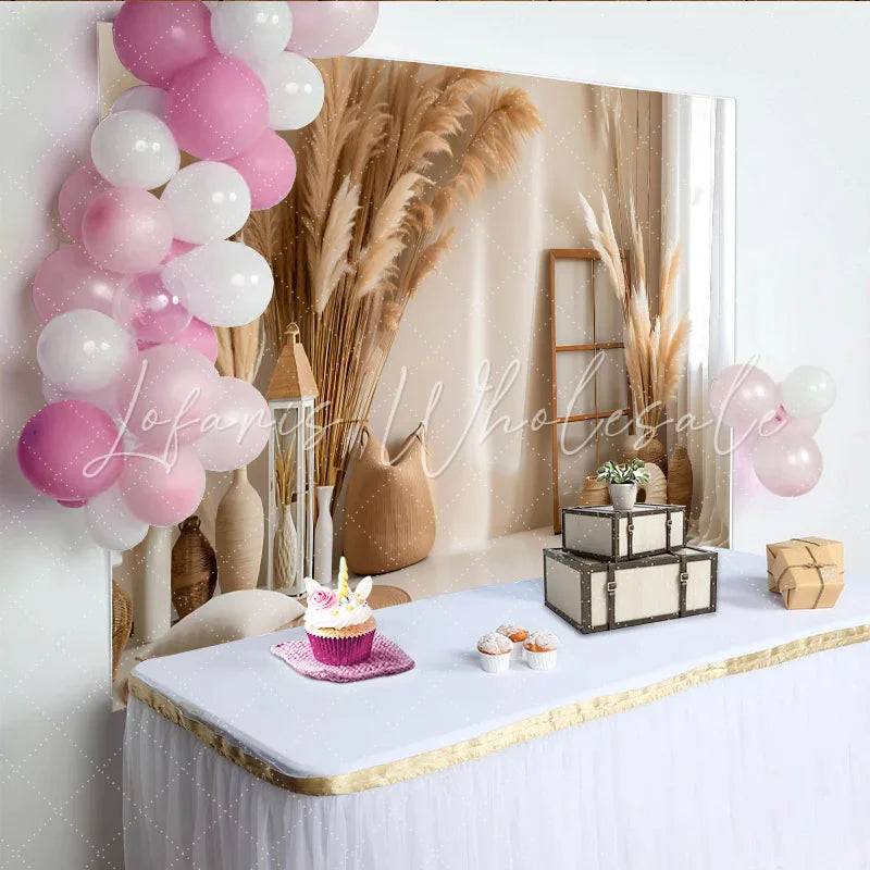 Lofaris Minimalist Boho Interior Backdrop Pampa Grass Vases and Rustic Decor for Portrait Studio