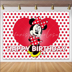 Lofaris Minnie Mouse Inspired Happy Birthday Backdrop Red Polka Dot and Heart Theme Disney Cartoon Party for Girls