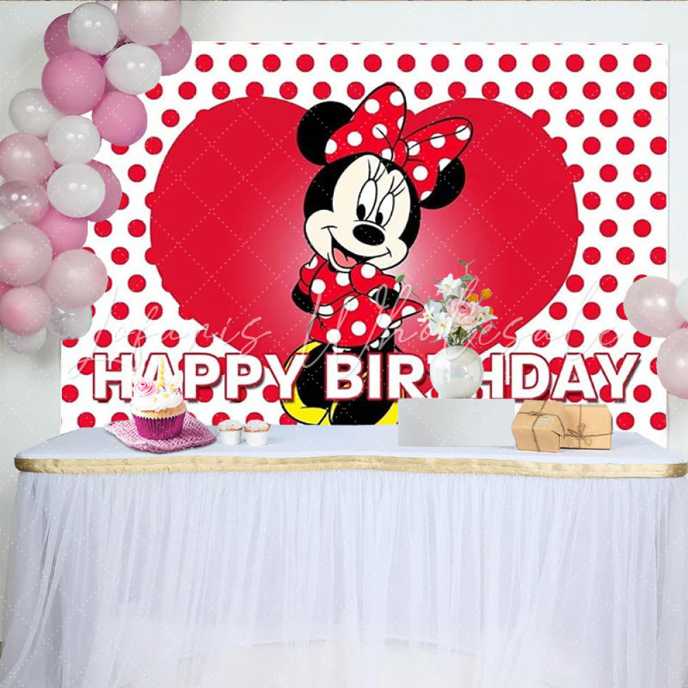 Lofaris Minnie Mouse Inspired Happy Birthday Backdrop Red Polka Dot and Heart Theme Disney Cartoon Party for Girls