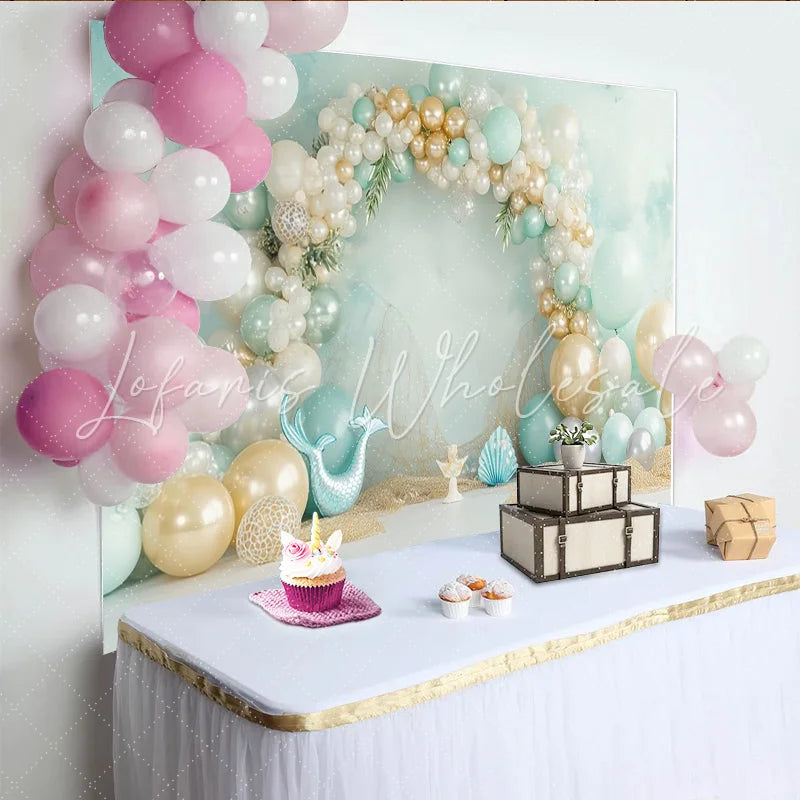 Lofaris Mint Green and Gold Mermaid Birthday Backdrop with Balloons Ocean Theme Photography Background for Girls Party Decoration