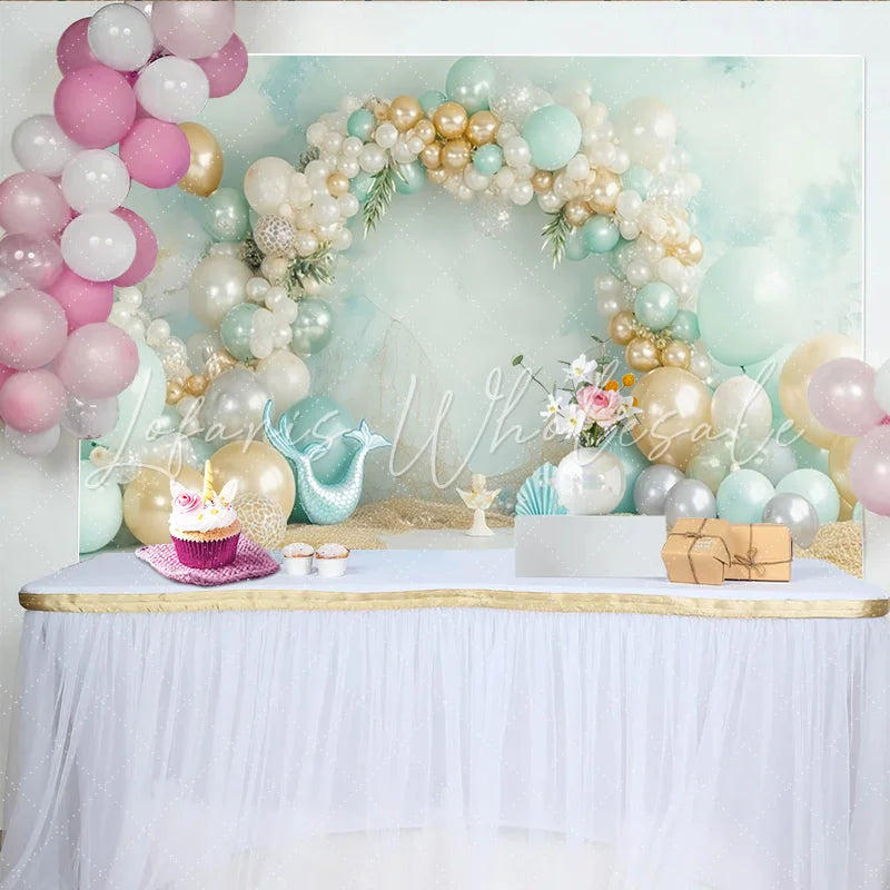 Lofaris Mint Green and Gold Mermaid Birthday Backdrop with Balloons Ocean Theme Photography Background for Girls Party Decoration