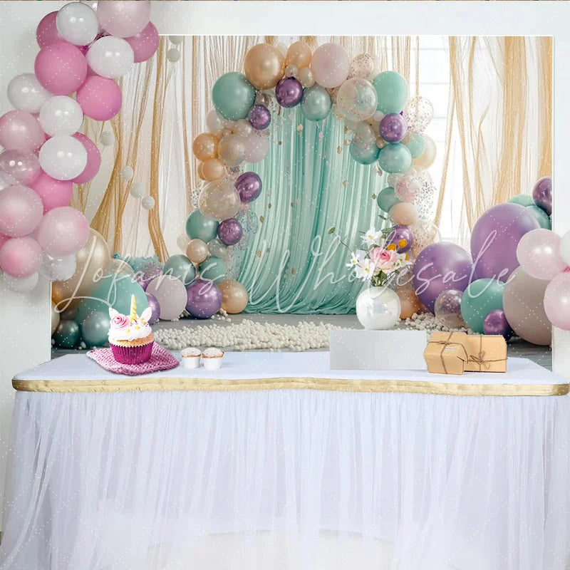 Lofaris Mint Green and Purple Balloon Photography Backdrop Elegant Draped Fabric Wall Decor for Professional Studio Portrait