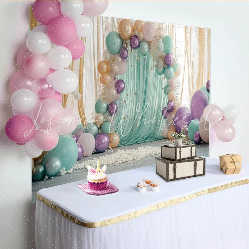 Lofaris Mint Green and Purple Balloon Photography Backdrop Elegant Draped Fabric Wall Decor for Professional Studio Portrait