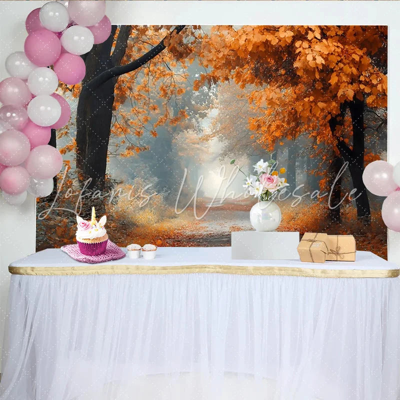 Lofaris Misty Autumn Forest Photography Backdrop with Orange Leaves and Path Natural Scenery Background for Studio Portrait