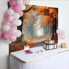 Lofaris Misty Autumn Forest Photography Backdrop with Orange Leaves and Path Natural Scenery Background for Studio Portrait