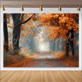 Lofaris Misty Autumn Forest Photography Backdrop with Orange Leaves and Path Natural Scenery Background for Studio Portrait