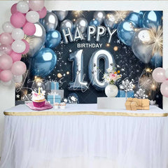 Lofaris Modern Blue and Silver 10th Birthday Backdrop Balloon Number and Gift Box Party Banner