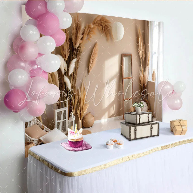 Lofaris Modern Boho Interior Photography Backdrop Pampas Grass and Lantern Photo Background