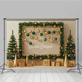 Lofaris Modern Gold and Green Christmas Photography Backdrop Garland Frame with Ornaments Elegant Holiday Photo Booth