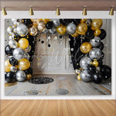 Lofaris Modern Metallic Balloon Arch Backdrop Black Gold and Silver Cake Smash Background for First Birthday