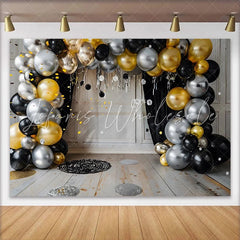 Lofaris Modern Metallic Balloon Arch Backdrop Black Gold and Silver Cake Smash Background for First Birthday