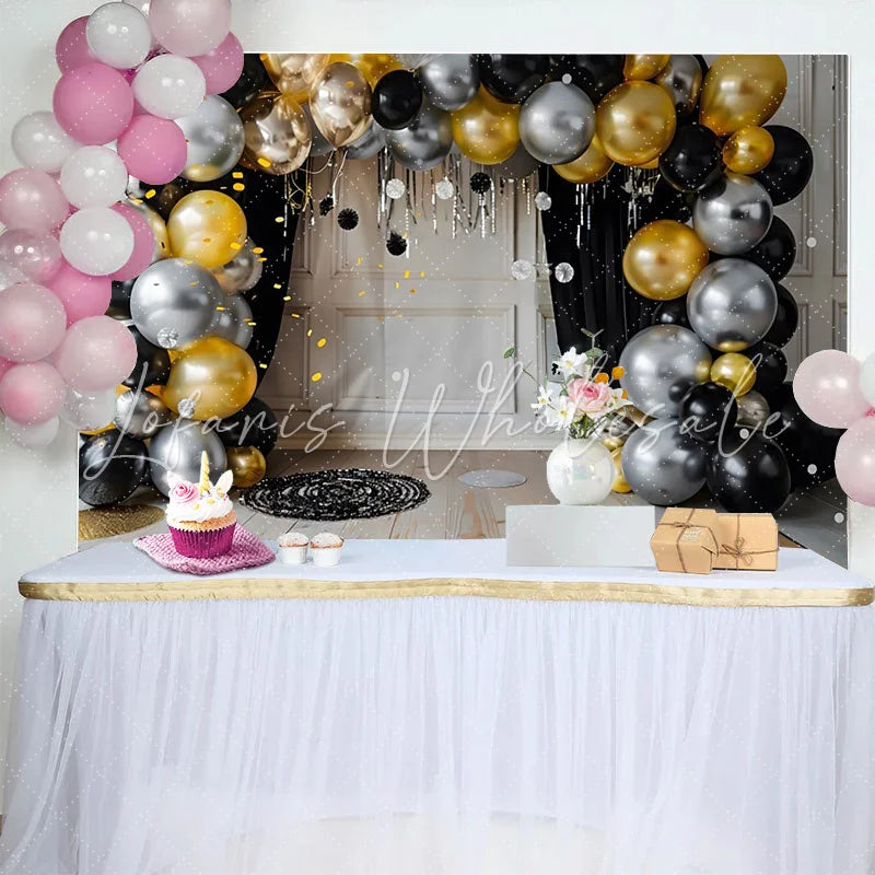 Lofaris Modern Metallic Balloon Arch Backdrop Black Gold and Silver Cake Smash Background for First Birthday