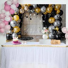 Lofaris Modern Metallic Balloon Arch Backdrop Black Gold and Silver Cake Smash Background for First Birthday