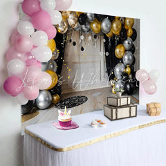 Lofaris Modern Metallic Balloon Arch Backdrop Black Gold and Silver Cake Smash Background for First Birthday