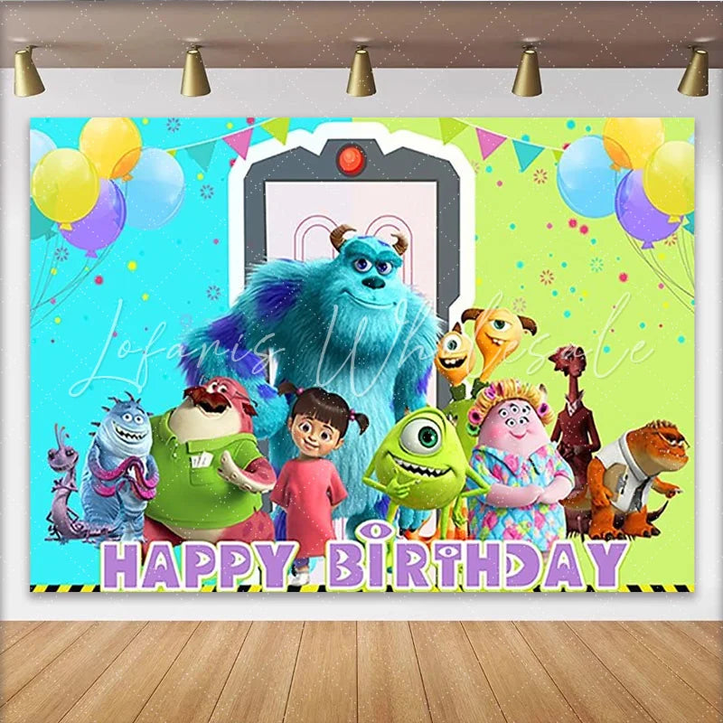 Lofaris Monsters Inc Inspired Happy Birthday Backdrop Sulley Mike and Boo Party Cartoon Movie Photo Booth Decor for Kids