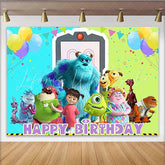 Lofaris Monsters Inc Inspired Happy Birthday Backdrop Sulley Mike and Boo Party Cartoon Movie Photo Booth Decor for Kids