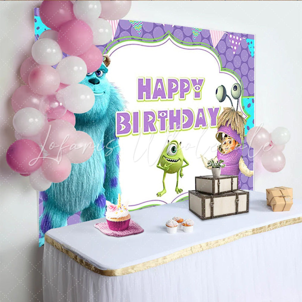 Lofaris Monsters Inc Inspired Happy Birthday Backdrop Sulley Mike and Boo Party Decor Disney Pixar Cartoon Movie Theme