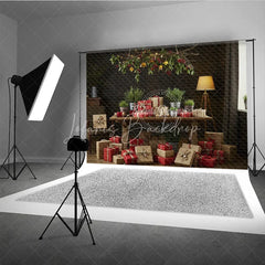 Lofaris Moody Rustic Christmas Photography Backdrop Dark Wood Room with Presents Natural Holiday Mini Session Background