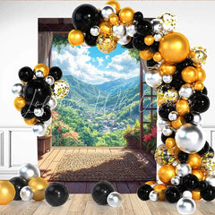 Lofaris Mountain Valley Terrace Backdrop Rectangular Woven Mat and Scenic View of Forest Village
