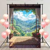 Lofaris Mountain Valley Terrace Backdrop Rectangular Woven Mat and Scenic View of Forest Village