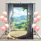 Lofaris Mountain View Balcony Backdrop Woven Rug and Open Door to Sunny Green Valley Village