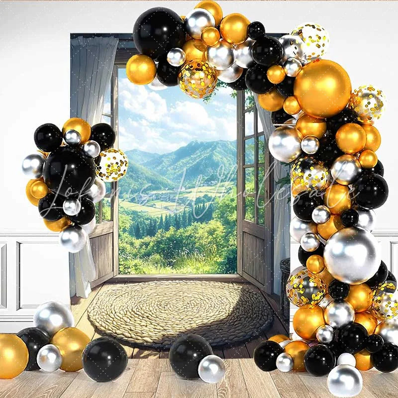 Lofaris Mountain View Balcony Backdrop Woven Rug and Open Door to Sunny Green Valley Village