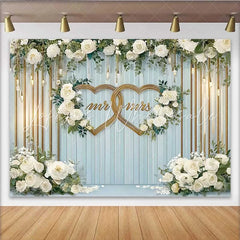 Lofaris Mr and Mrs Double Gold Hearts Wedding Backdrop White Floral and Blue Wood Party Decoration