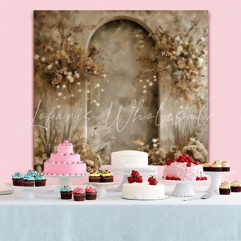 Lofaris Muted Grey Arch Backdrop Dried Branch Floral and Cream Potted Plants for Artistic Portrait