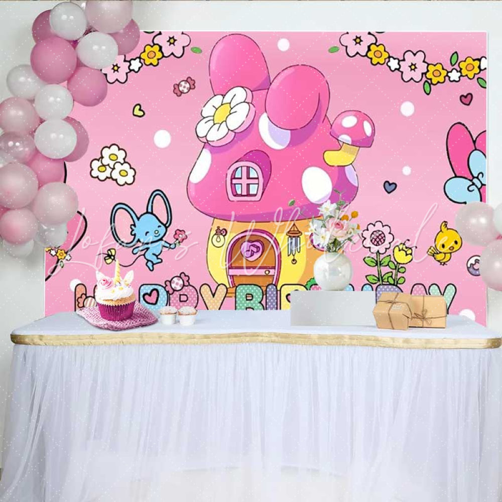 Lofaris My Melody Inspired Happy Birthday Backdrop Sanrio Themed with Pink Mushroom House Cute Cartoon Party Decor