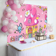 Lofaris My Melody Inspired Happy Birthday Backdrop Sanrio Themed with Pink Mushroom House Cute Cartoon Party Decor