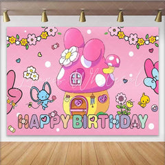 Lofaris My Melody Inspired Happy Birthday Backdrop Sanrio Themed with Pink Mushroom House Cute Cartoon Party Decor