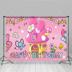 Lofaris My Melody Inspired Happy Birthday Backdrop Sanrio Themed with Pink Mushroom House Cute Cartoon Party Decor