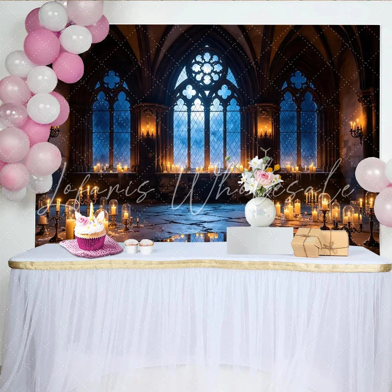 Lofaris Mystical Gothic Photography Backdrop with Arched Windows and Candles Enchanting Studio Background for Themed Events and Portraits