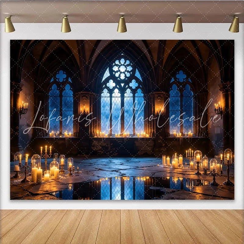 Lofaris Mystical Gothic Photography Backdrop with Arched Windows and Candles Enchanting Studio Background for Themed Events and Portraits