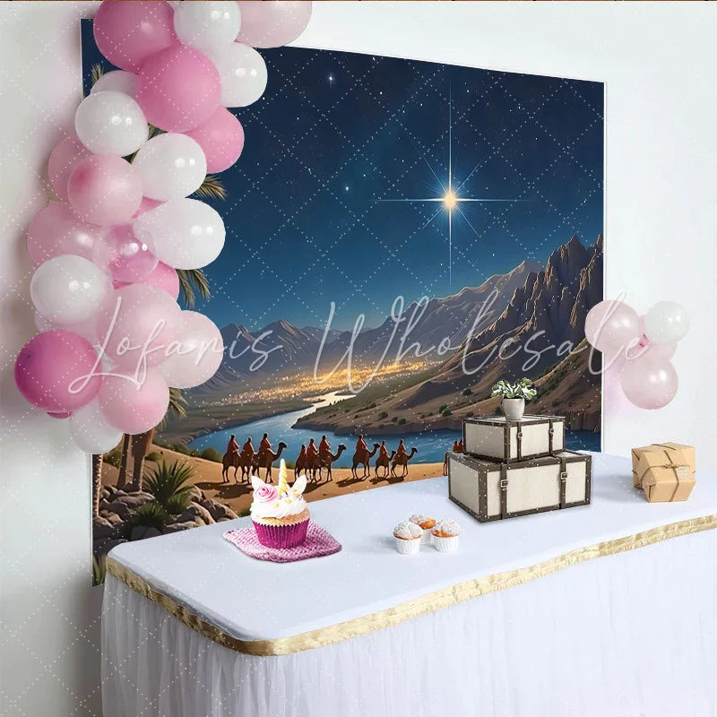 Lofaris Nativity Christmas Backdrop with Guiding Star and Camels Desert Landscape Background for Festive Holiday Decor