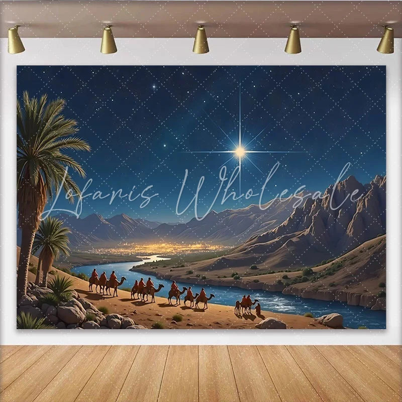 Lofaris Nativity Christmas Backdrop with Guiding Star and Camels Desert Landscape Background for Festive Holiday Decor