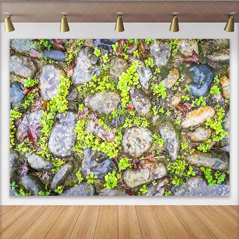 Lofaris Natural Stone Texture Photography Backdrop with Green Moss Rustic Ground Background for Studio Photoshoot