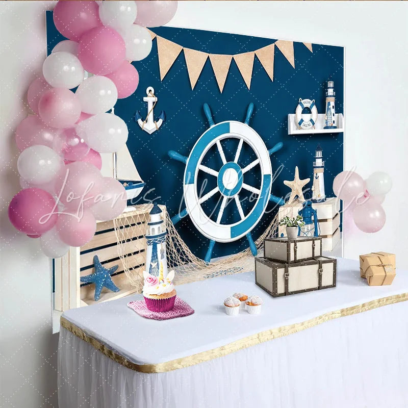 Lofaris Nautical Photography Backdrop with Blue and White Ship Wheel Anchor and Sailboat Marine Theme Background for Party Decor