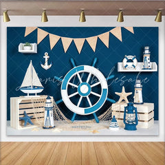Lofaris Nautical Photography Backdrop with Blue and White Ship Wheel Anchor and Sailboat Marine Theme Background for Party Decor