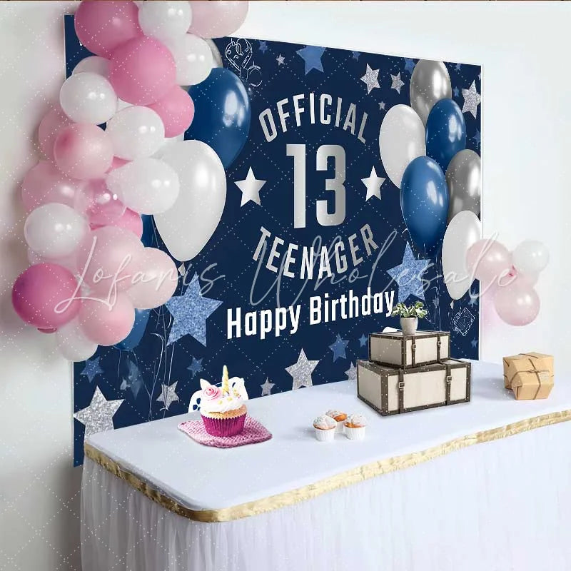 Lofaris Navy and Silver Gaming 13th Birthday Backdrop Official Teenager 13 Glitter Stars Party Decoration