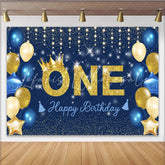 Lofaris Navy Blue and Gold First Birthday Backdrop Glitter ONE with Crown and Starry Night Party for Boys
