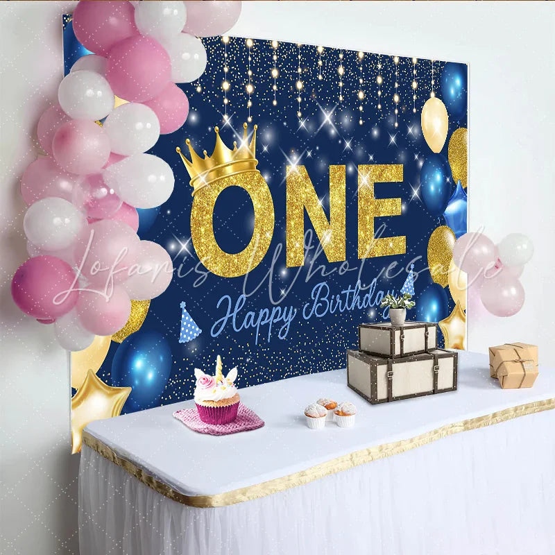 Lofaris Navy Blue and Gold First Birthday Backdrop Glitter ONE with Crown and Starry Night Party for Boys