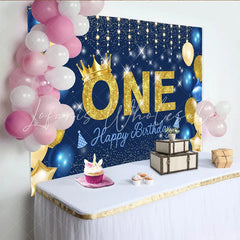 Lofaris Navy Blue and Gold First Birthday Backdrop Glitter ONE with Crown and Starry Night Party for Boys