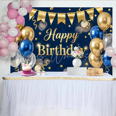 Lofaris Navy Blue and Gold Happy Birthday Backdrop with Balloons and Stars Elegant Party Background for Photo Booth Decor